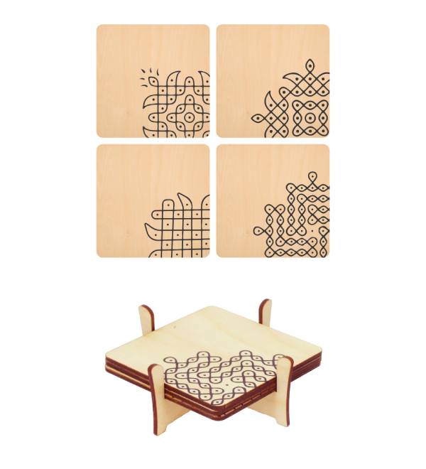 Decorative Theme Wooden Coasters, Kolam Theme | Plain 4PC