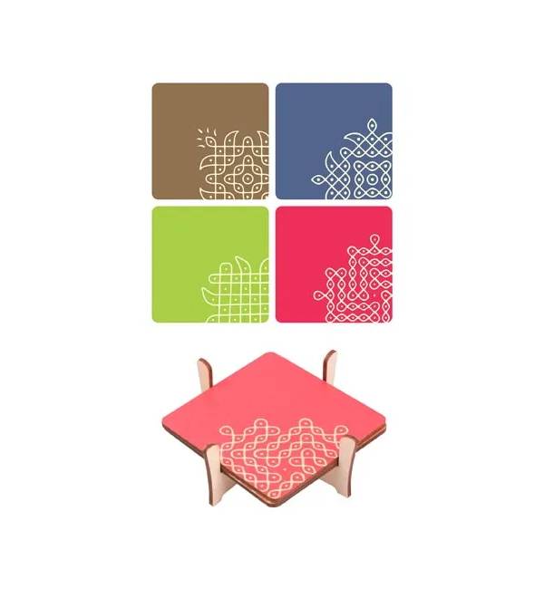 Decorative Theme Wooden Coasters, Kolam Theme | 4PC