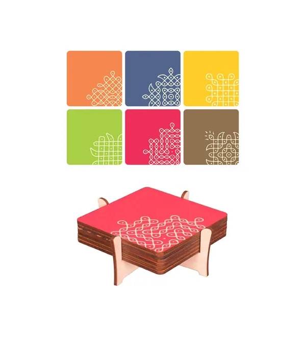 Decorative Theme Wooden Coasters, Kolam Theme | 6PC