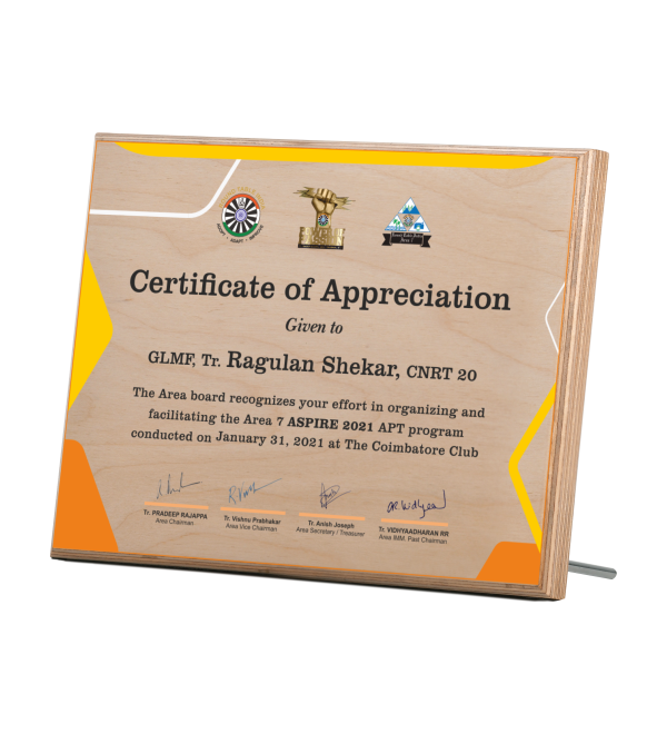 Wooden Printed Certificate for Club