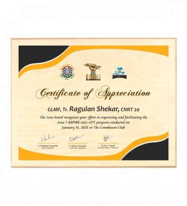 Wooden Printed Certificate for Club