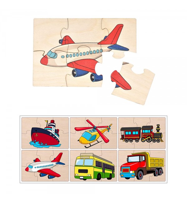 Transport Simple Puzzles for Kids, 4 Piece Wooden Jigsaw  Toys, Set of 6