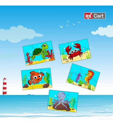 Ocean Creatures Puzzles for Kids, 6 Piece Wooden Jigsaw Toys, Set of 5