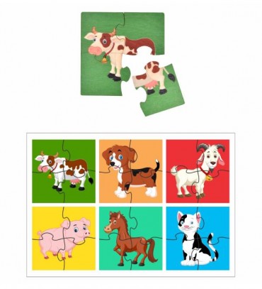 Farm animals simple puzzles for kids, 4 piece wooden jigsaw toys, Set of 6