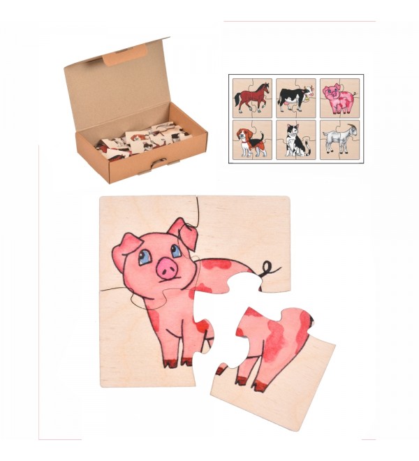 Farm animals premium puzzles for kids, 4 piece wooden toys, Set of 6