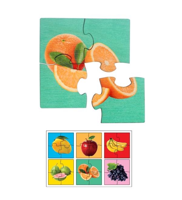Fruits Simple Puzzles for Kids, 4 Piece Wooden Jigsaw Toys, Set of 6