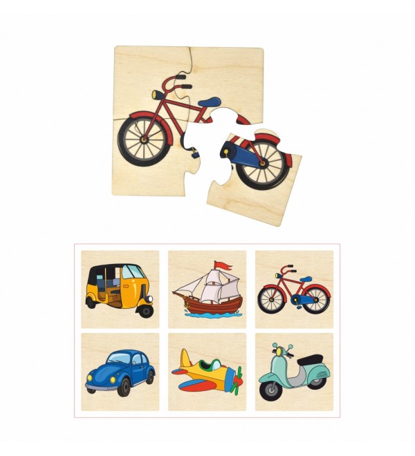 Transport Simple Puzzles for Kids, 4 Piece Wooden Jigsaw Toys, Set of 6