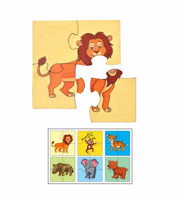 Wild Animal Premium Wooden puzzles for kids, 4 Piece Wooden Jigsaw Toys, Set of 6