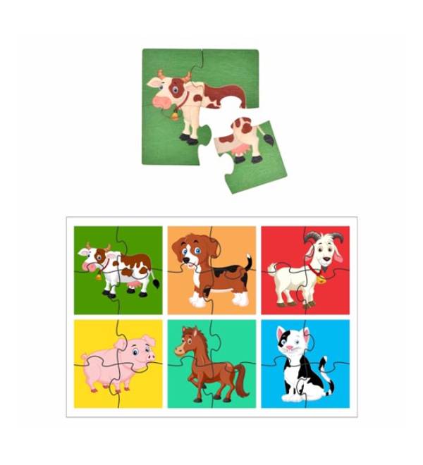 Farm animals simple puzzles for kids, 4 piece wooden jigsaw toys, Set of 6